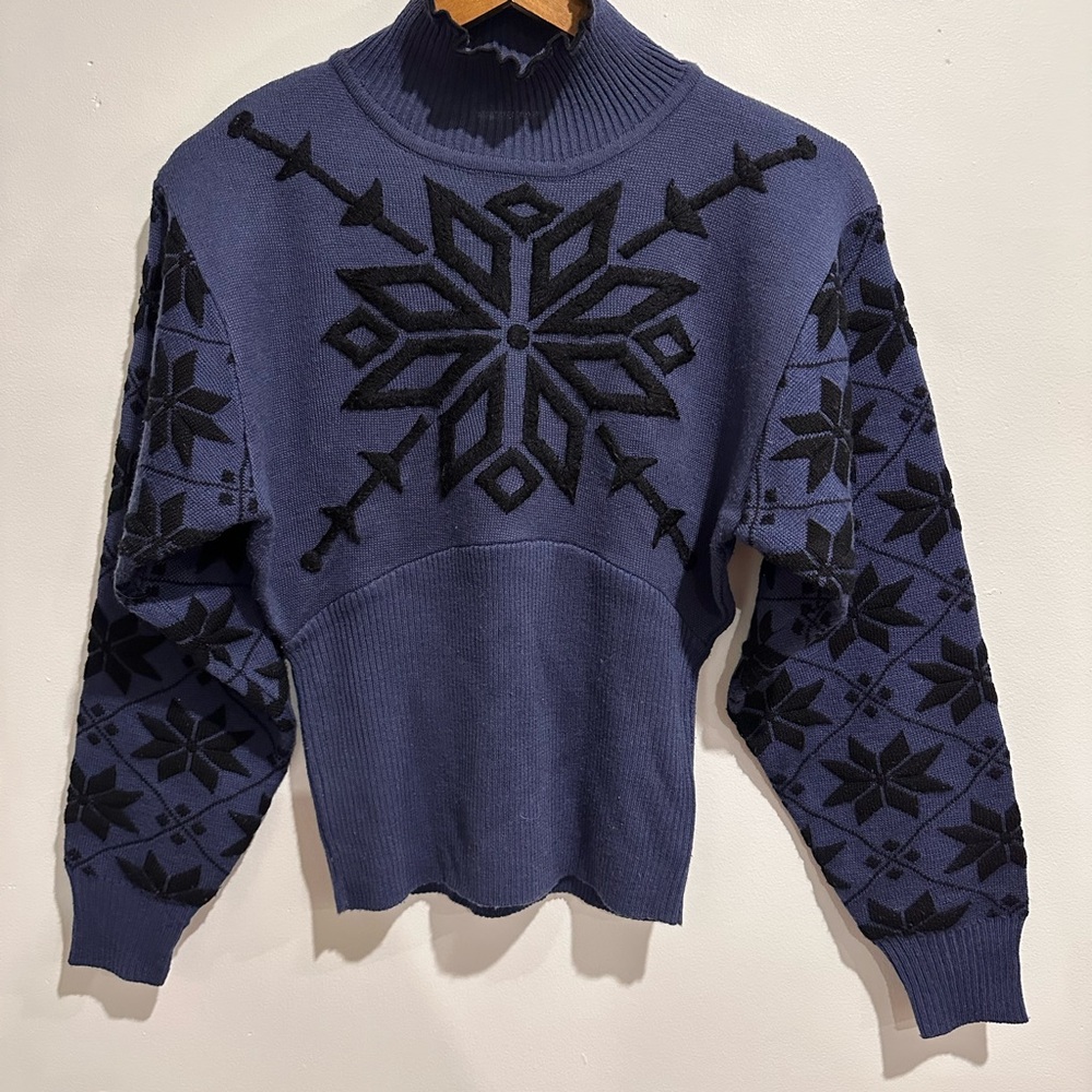 NILS Vintage Wool‎ Blend Blue Nordic Embroidered Cowl Neck Ski Sweater Size M